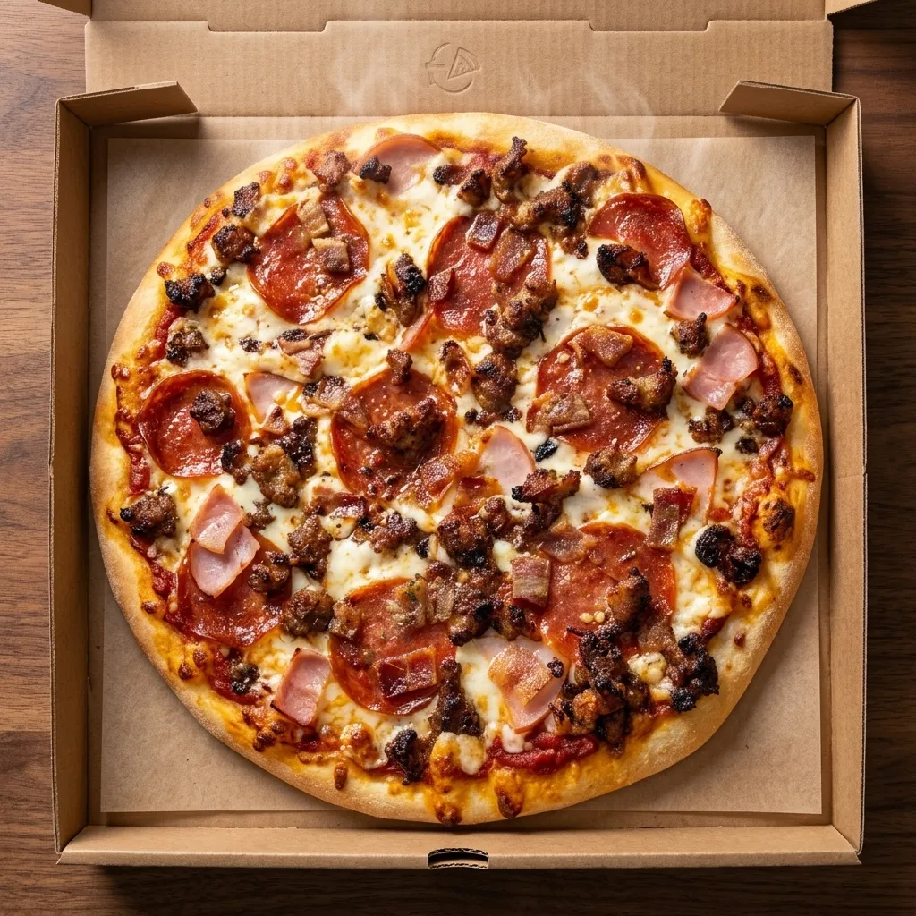 Meat lovers pizza at Pizza Time in London, Ontario